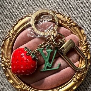 Louis Vuitton Red and gold  Strawberry Charm Keychain green logo new jewelry